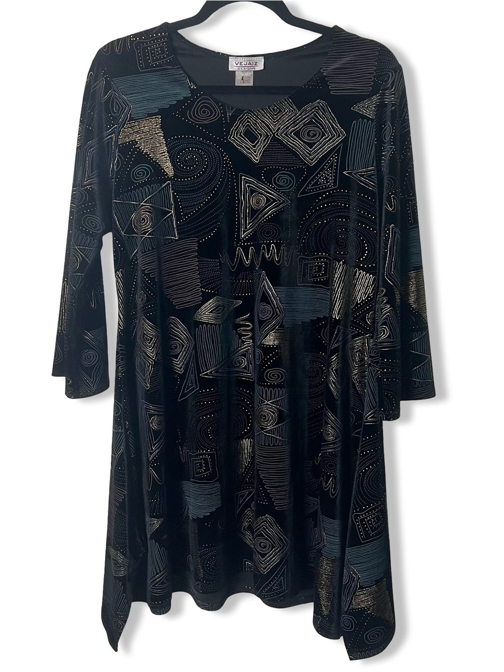 Vejaiz Designs Vintage 90s Black Geometric Metallic‎ Gold Shift Tunic Sz M